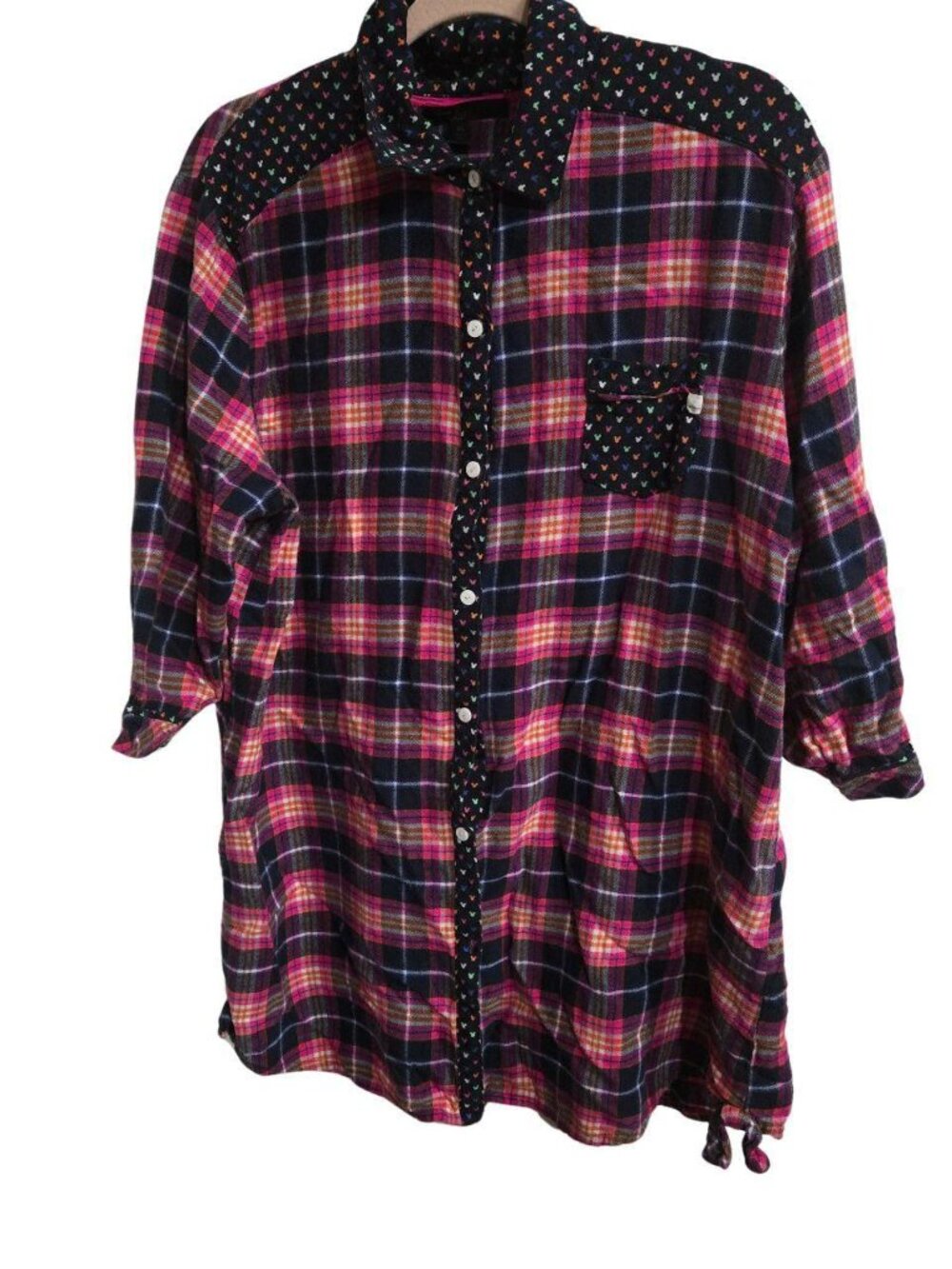 Disney Luxe Collection XL Plaid Button Up Shirt Mickey Mouse Print Womens